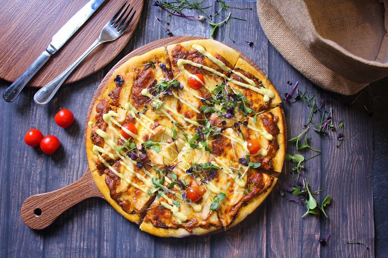 Veggie Garden pizza with colorful fresh vegetables